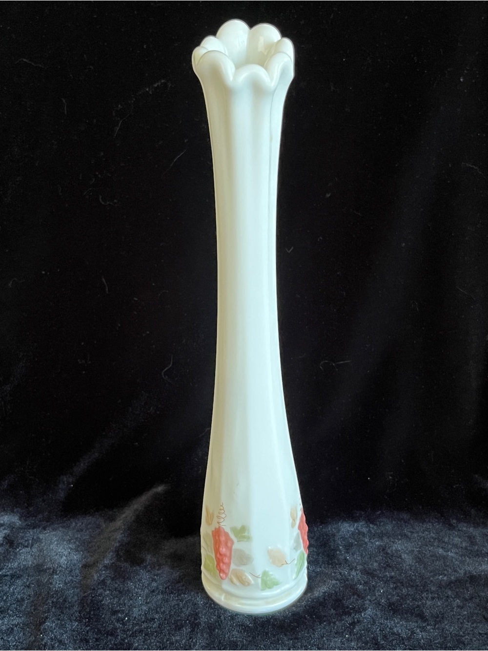 60s Tall Westmoreland BUD VASE Milk Glass Peach Pink Green Grape Design